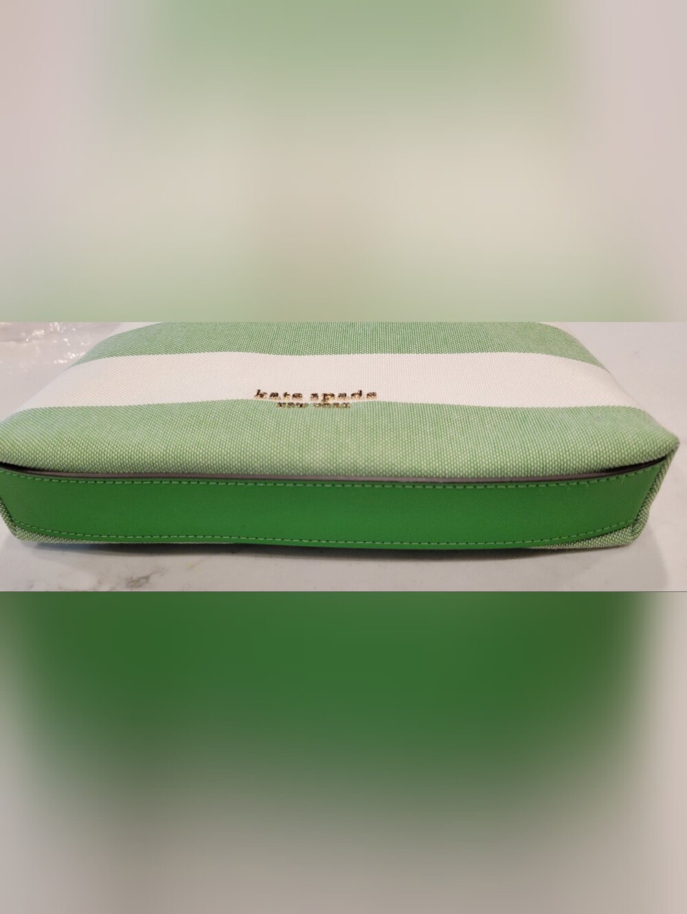Kate Spade New York Cabana Canvas Green and White Striped Zippered Pouch NWT - Picture 3 of 3